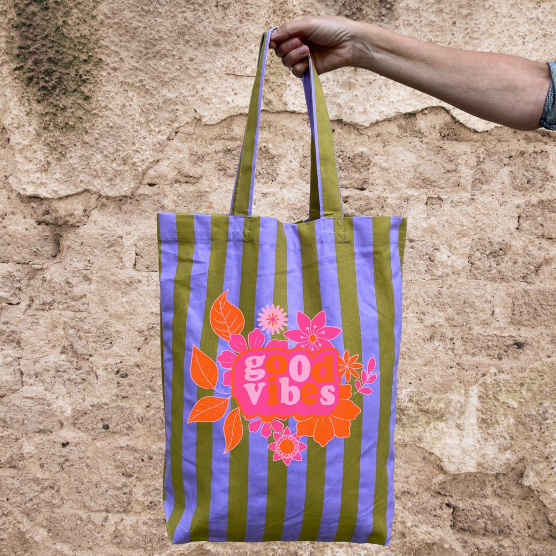 Tote bag Gestreept tas met Good vibes