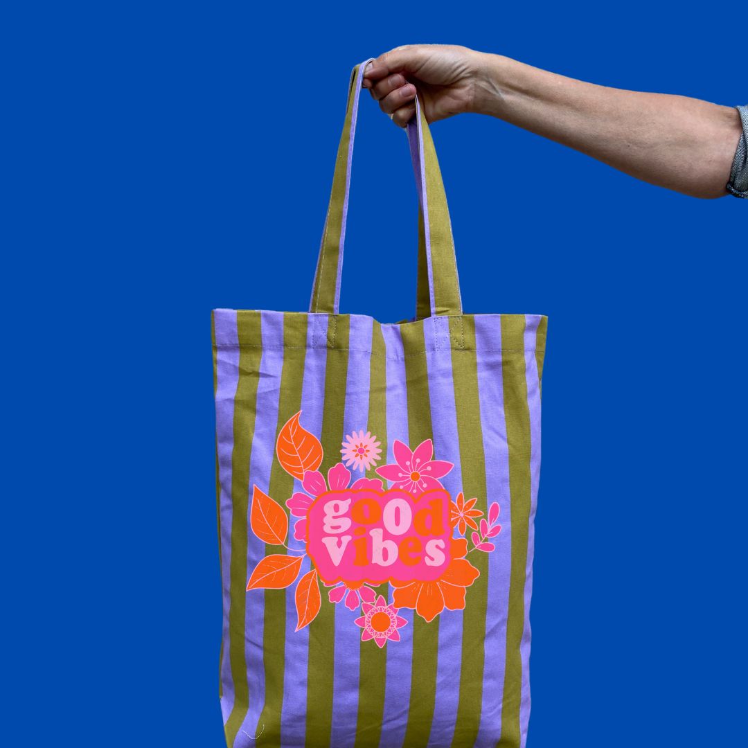 Tote bag Gestreept tas met Good vibes